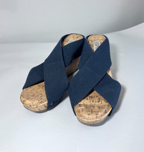 Esprit Wedge Sandals Cork Platform Cross Strap Slides Denim Shoes size 7.5 Blue - Picture 2 of 8
