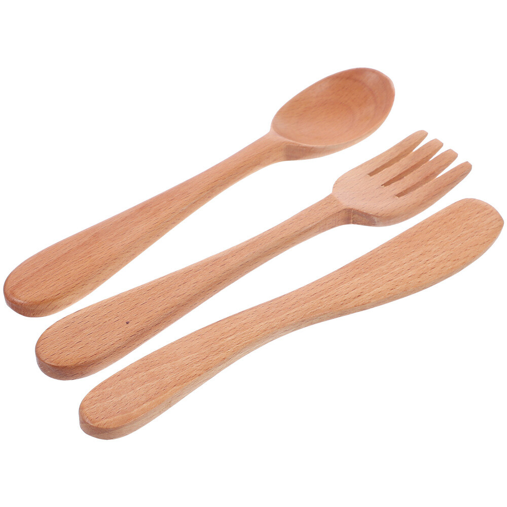 1 Set Wooden Spoon Fork Cutter Utensil Kit for Western Dining Styles