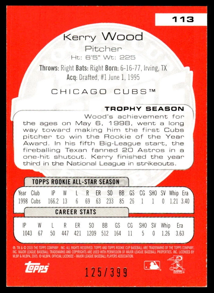 2005 Topps Rookie Cup #113 Kerry Wood BASEBALL Chicago Cubs - Image 2 of 2