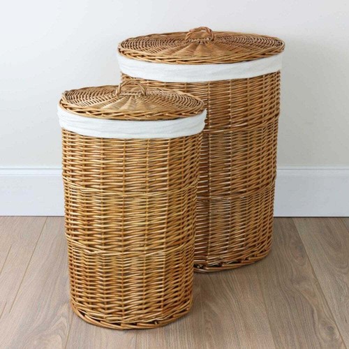 Round Natural Wicker Laundry Basket Woven Lidded Washing Storage Lined Bathroom - Picture 5 of 6
