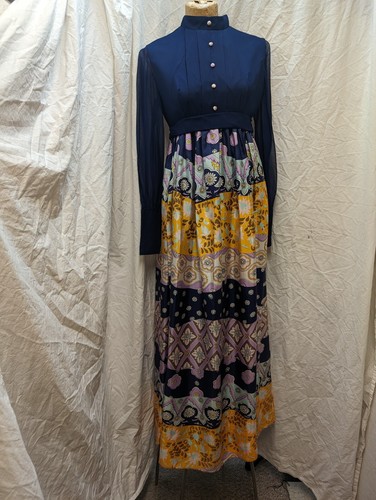 60's Dark Blue Rayon Yellow Lavender Blue White Acetate Maxi Mod Dress S - Picture 7 of 10