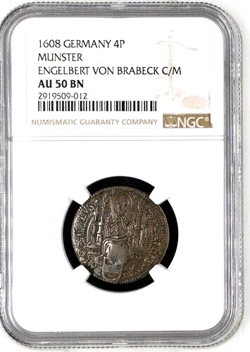 1608 German States Munster 4 Pfennig, Galen 3 Wolftraps Countermark, NGC AU 50