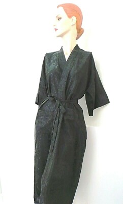 Black Women's Bath Robe Kimono Fabric 50'' Long Floral Pattern Size L