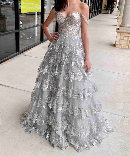 Shiny Gold Princess Ball Gown Lace Gliiter Off Shoulder Multilayer Prom Dress - Picture 4 of 11