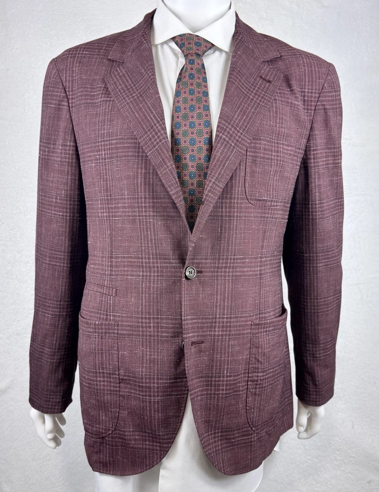 Brunello Cucinelli Sport Coat Burgundy Glen Check Wool Silk Linen 54IT 44US NWOT - Image 2 of 4