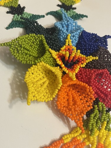 Huichol Beaded Flower Necklace Large Multicolor Seed Bead Necklace - Picture 3 of 8