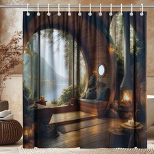 72x72 Inch Rustic Cabin Shower Curtain Cozy Forest Woodland Lake View Decor