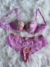 Victoria’s Secret Bra And Panty Set 36B Large Pink Orange And Yellow Rhinestone