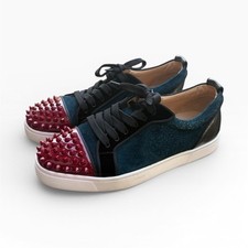 Christian Louboutin Men's Blue Black Red Velvet Spiked Lace Up Sneakers EU 40