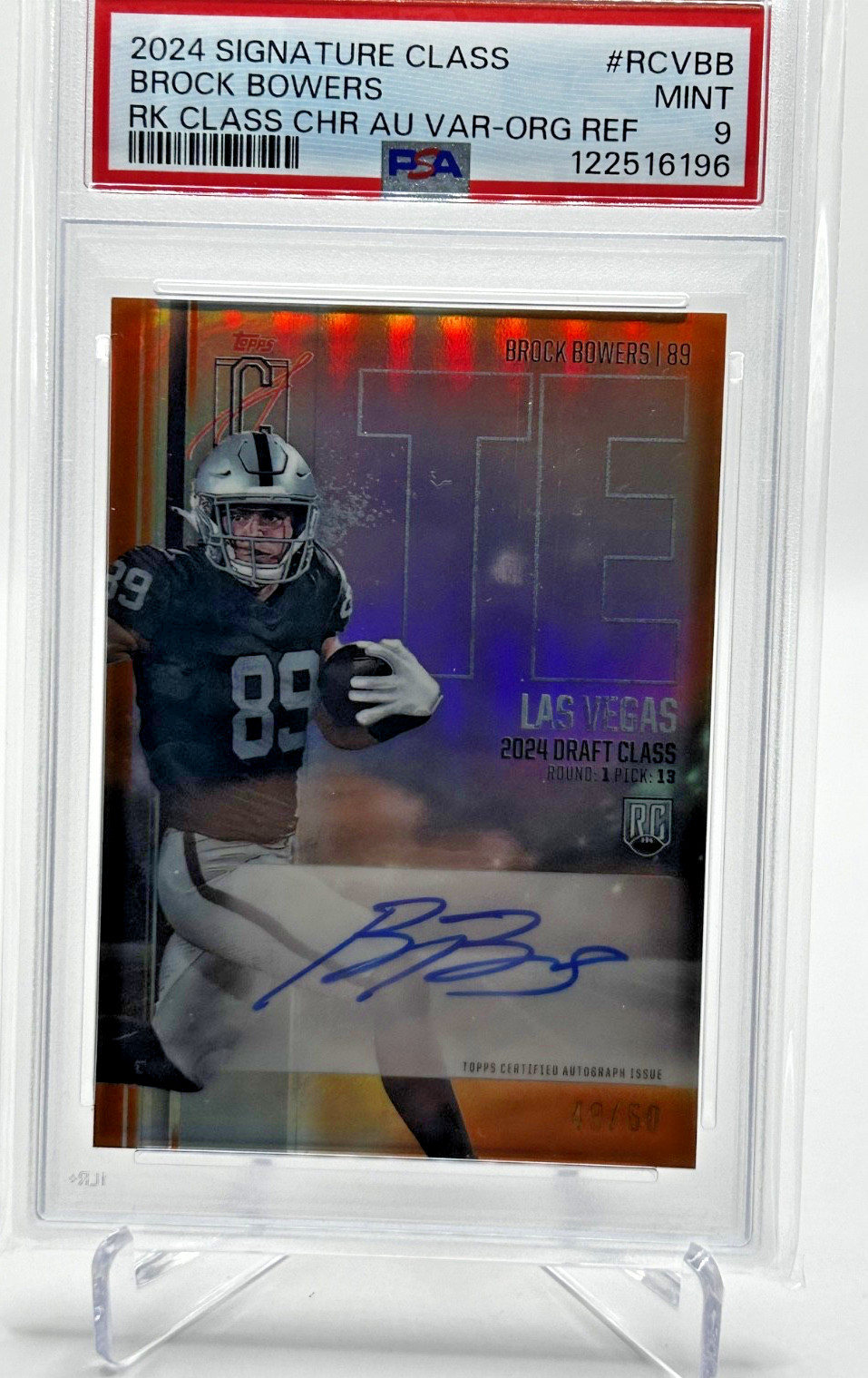 2024 Signature Class Brock Bowers Rookie Auto Chrome Variation Orange /50 PSA 9 view 1