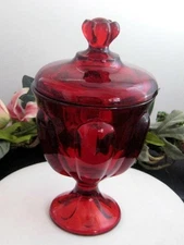 VIKING Glass 6 petal ruby red Candy Dish covered  MCM 8" tall w/sticker