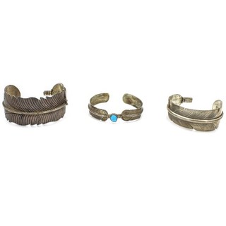 Southwest Signed Sterling Turquoise Feather Cuff Bracelet Lot of 3 #S5309 2