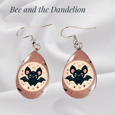 Cute Baby Bat Halloween  Glass Cabochon Teardrop Earring