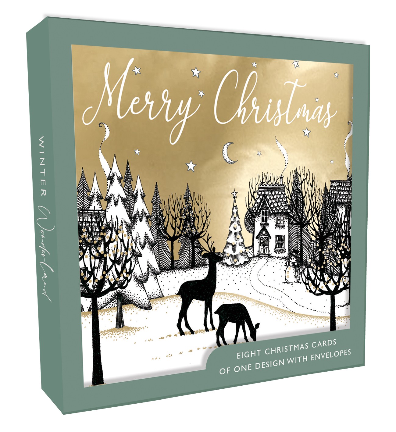 Box Of 8 Merry Christmas Golden Reindeer Magic Christmas Cards Xmas Card Boxes