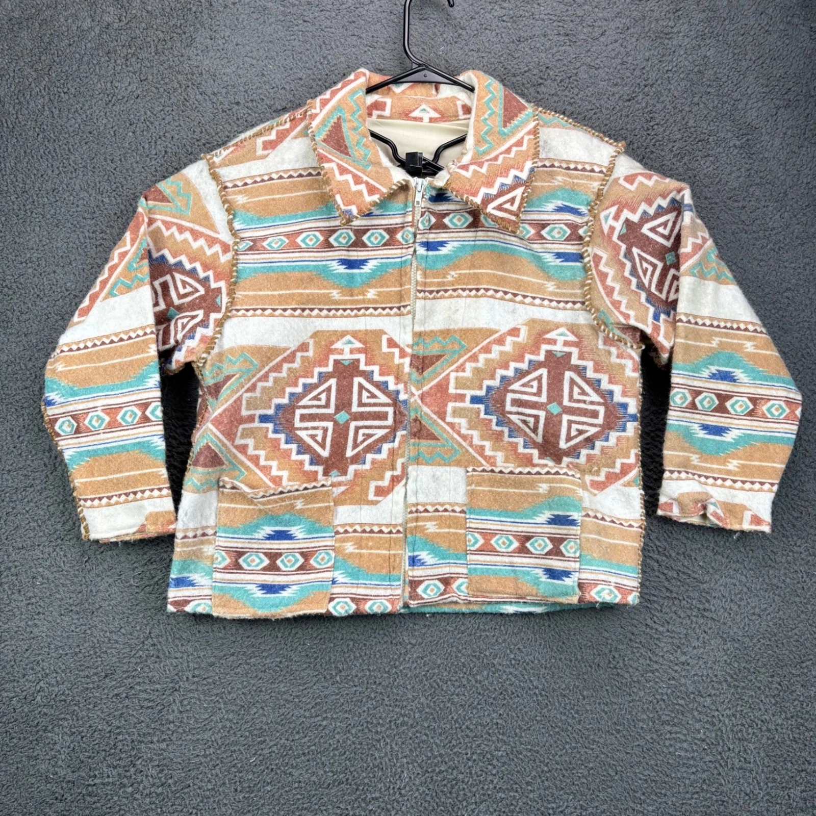 Southwestern Aztec Print Zip Up Fleece Jacket Women Multicolor Geometric Boho