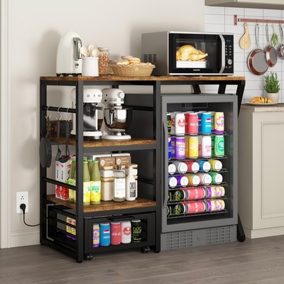 Beverage & Wine Fridge Stand with Movable Basket, Coffee Bar Cabinet with Min...