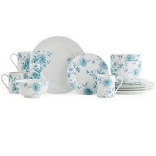Portmeirion Home 16-Piece Porcelain Dinnerware Set, Vintage Denim - Floral Plate