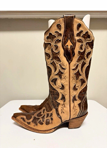 Corral Brown/Tan Leather Western Cowboy Boots Floral Inlay Pointed Toe 8M (1933)