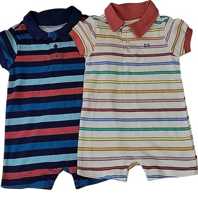 Crown & Ivy Baby Boys 12M Striped Polo Romper 2-Pack Blue Rose TCBM065 NEW