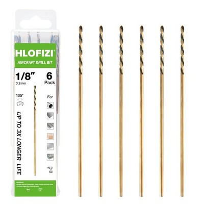 1/8'' x 6'' Extra Long Drill Bits 6-Pack M2 High Speed Steel for Wood Metal Plasti