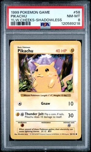 PSA 8 Pikachu Yellow Cheeks Shadowless Non Holo 58 1999 Pokemon 120589218