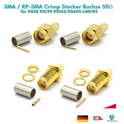SMA / RP-SMA Crimp Stecker Buchse 50Ω für RG58 RG174 RG142 RG400 LMR195
