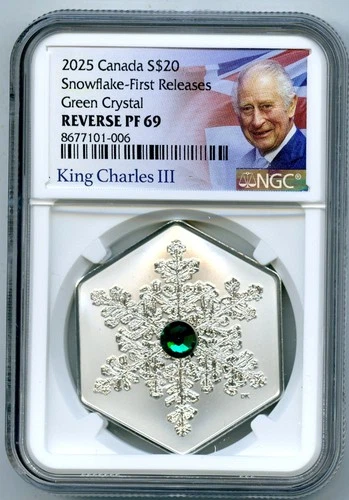 2025 $20 CANADA 1OZ SILVER PROOF NGC PF69 SNOWFLAKE GREEN CRYSTAL FIRST RELEASES