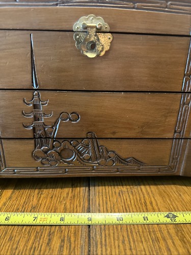 BELLISSIMO Portagioie Musicale Vintage Cinese Legno Drago Intarsiato 2 Cassetti - Foto 14 di 24