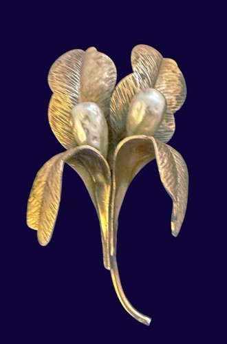 Hobe Signed Iris Flower Brooch Baroque Pearl Gold Tone Floral Figural MCM
