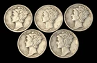 LOT OF 5 - 1944 MERCURY DIMES 90% SILVER