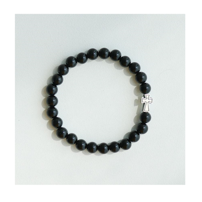 #ad Handmade AAA Black Onyx Silver Cross Bracelet Power Stone Beaded Bangle Gift $29.90