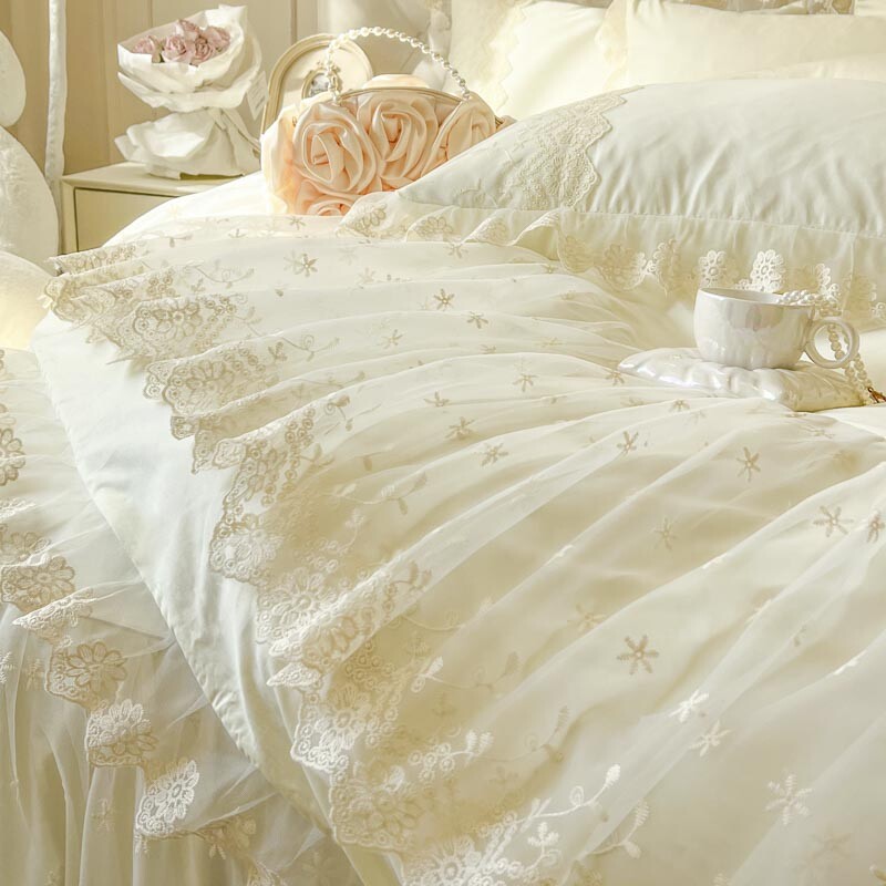 Embroidery Printed Bedding Set 4pcs Duvet Cover Bedspread Pillowcase Bed Skirt Sheet Set