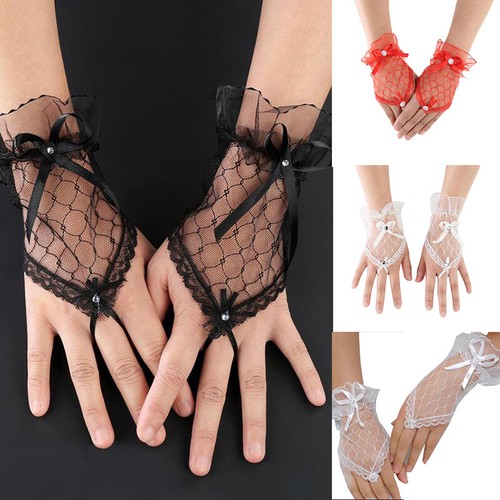 Short Gloves Solid Color 1 Pairs See Through Bowknot Bride Party Gloves Elega ) - Picture 5 of 16