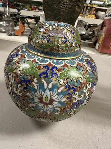 Chinese Raised Wire Cloisonne Enamel on Brass Ginger Jar Vase Floral... - Picture 5 of 16