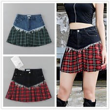 Girl Women Pleated Denim Check Skirt Splice Frill Tartan Mini A-line Punk