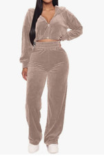 Womens Solid Color Velour Two Piece Outfits Hooded Crop Top High waist Bottoms