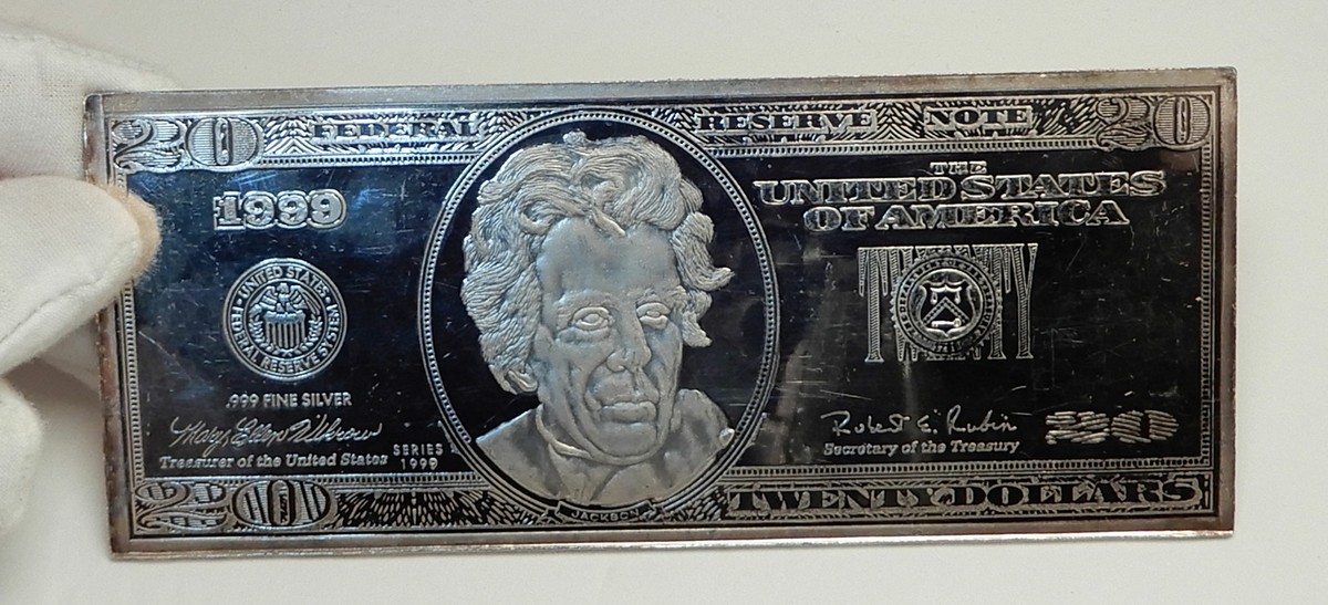 1999 USA Authentic 20 Dollar Bill 4.11 Troy OZ 4.5 OZ Silver Medal