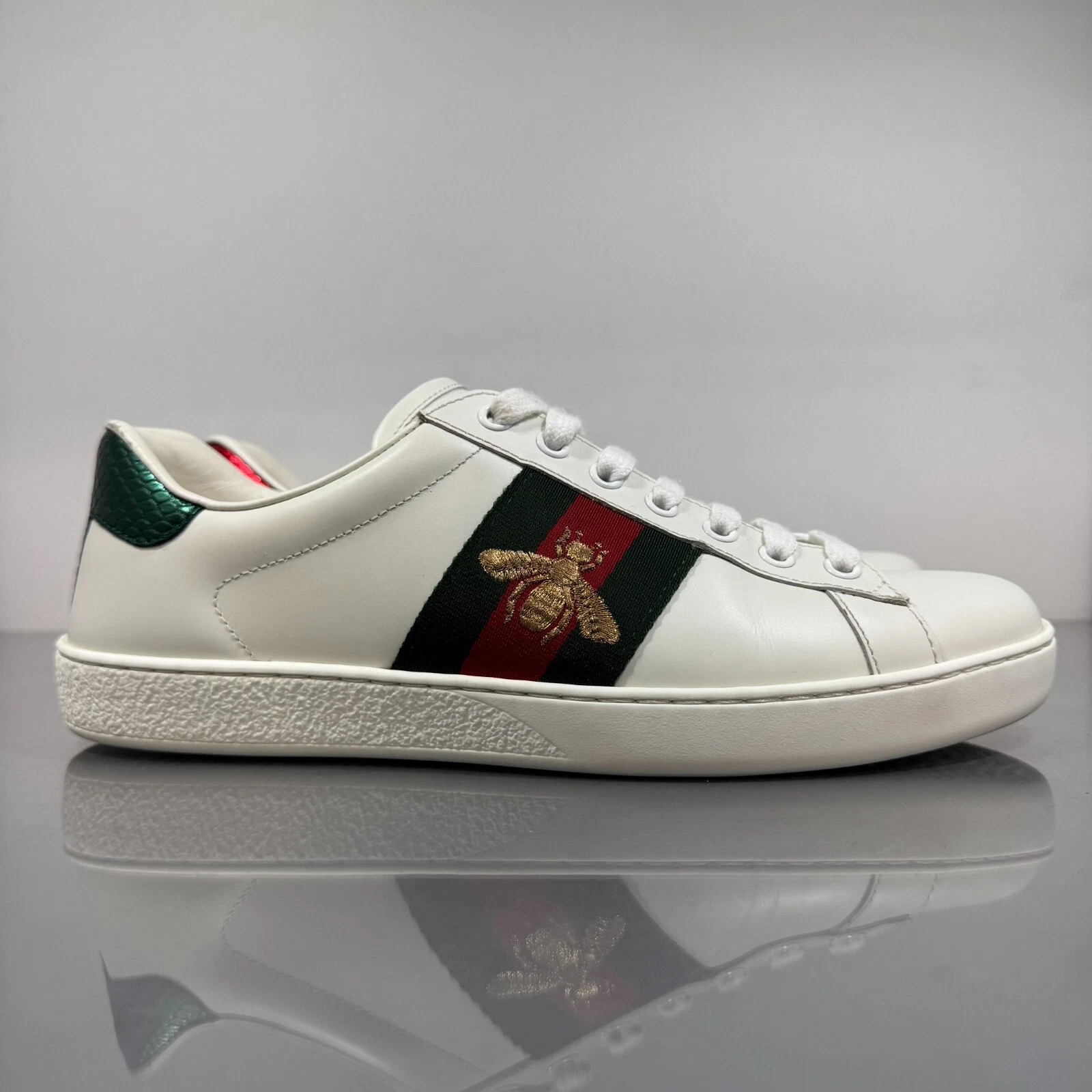 Gucci Ace Baskets Homme US 6,5 Blanc Or Abeille Broderie Web Rayure Italie