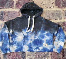 Calvin Klein Women's Hoodie CK Logo Crop Top Sweatshirt White Size M Tie Dye