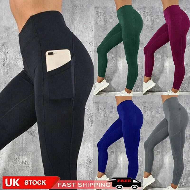 Women High Waist Gym Leggings Pocket Fitness Sports Running Ladies Yoga  Pants UK