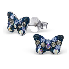925 Sterling Silver Blue Butterfly w/ AB Crystals Kids Girl Women Stud Earrings