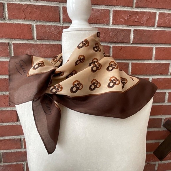 Gucci Vintage Silk Signature Brand Logo Horseshoe Brown