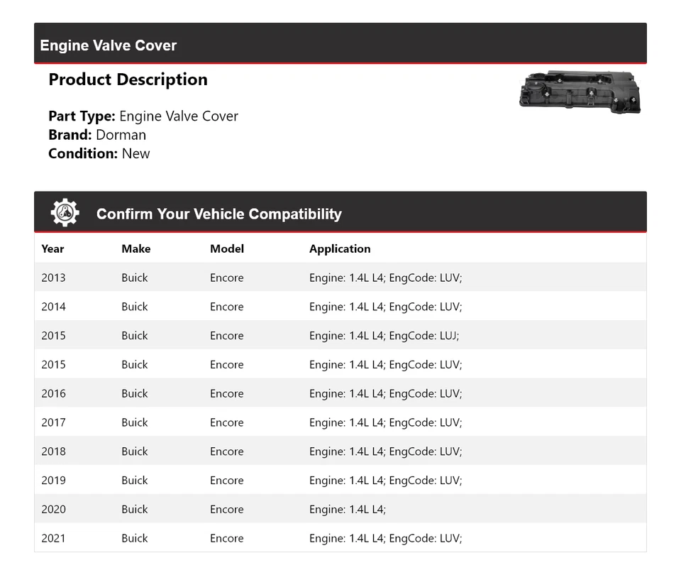 Cubierta de válvula de motor Dorman 1,4 L L4 Buick Encore 2013-2021 2014 2015 2016 Foto 2 de 4