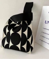 Knit Wristlet Or Handle Pouch Bag Purse  Lightweight Foldable Blk-White Circles