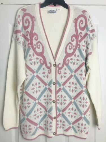 Vtg The Villager Cardigan Sweater Sz M USA Made Argyle Button Up Granny 90s