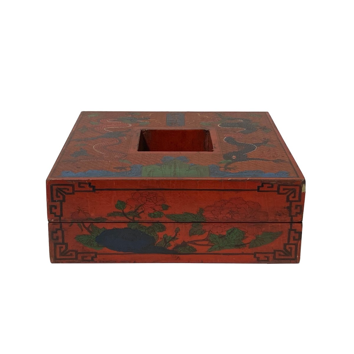 Chinese Distressed Brick Red Dragon Graphic Square Shape Box ws2292S Chinese Distressed Brick Red Dragon Graphic Square Shape Box ws2292S