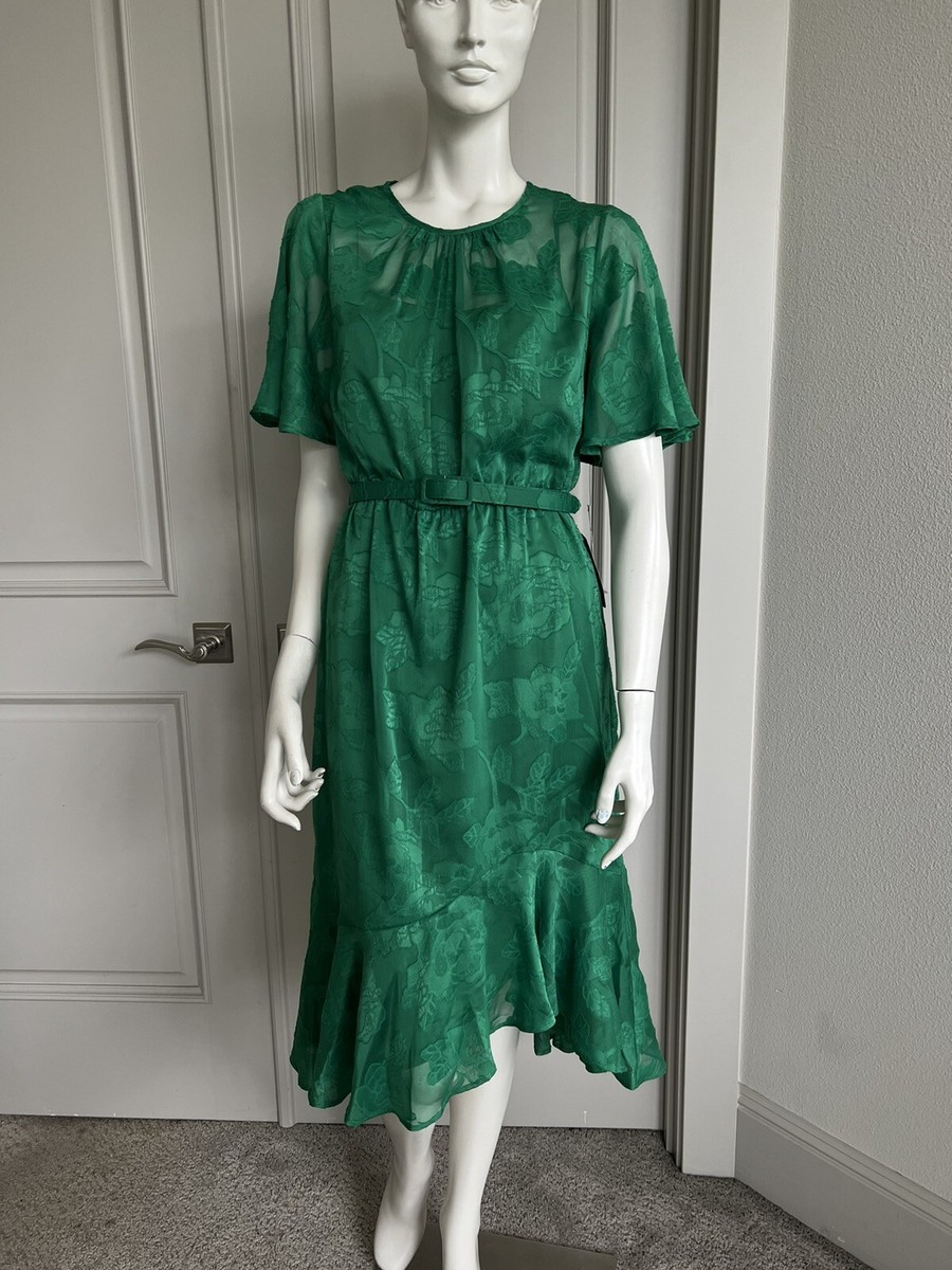 Maggy London Womens Green Textured Floral Midi Flutter Sleeve Dress Sz 4 NWT