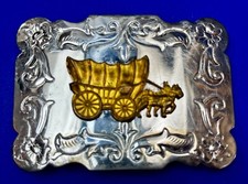 Vintage Horse Drawn Covered Wagon - Two Tone Belt Buckle With Reflective Surface