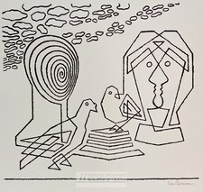 Hans Thiemann  Abstrakte Tauben und Gesicht. 1969 Lithographie Griffelkunst