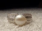 VTG SZ 8 STERLING SILVER LUSTROUS WHITE PEARL WIDE CZ SIGNED COCKTAIL RING